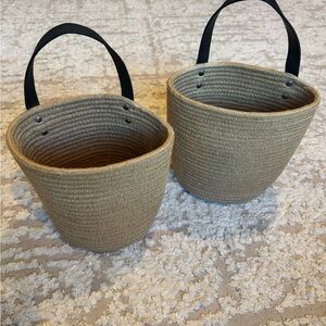 Tan Woven Hanging Baskets with Black Handles